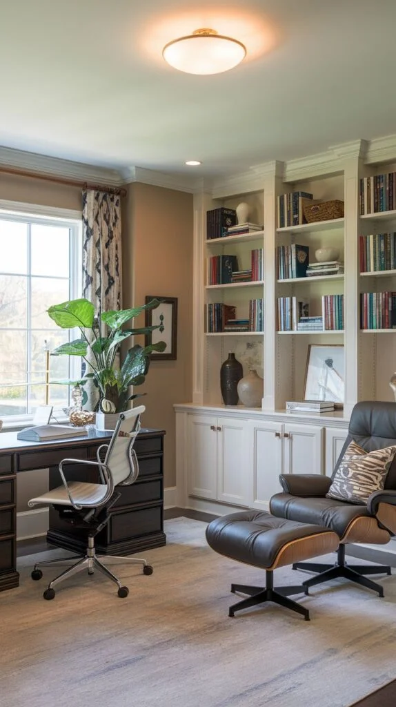 Guest bedroom with dark wood desk and leather armchair