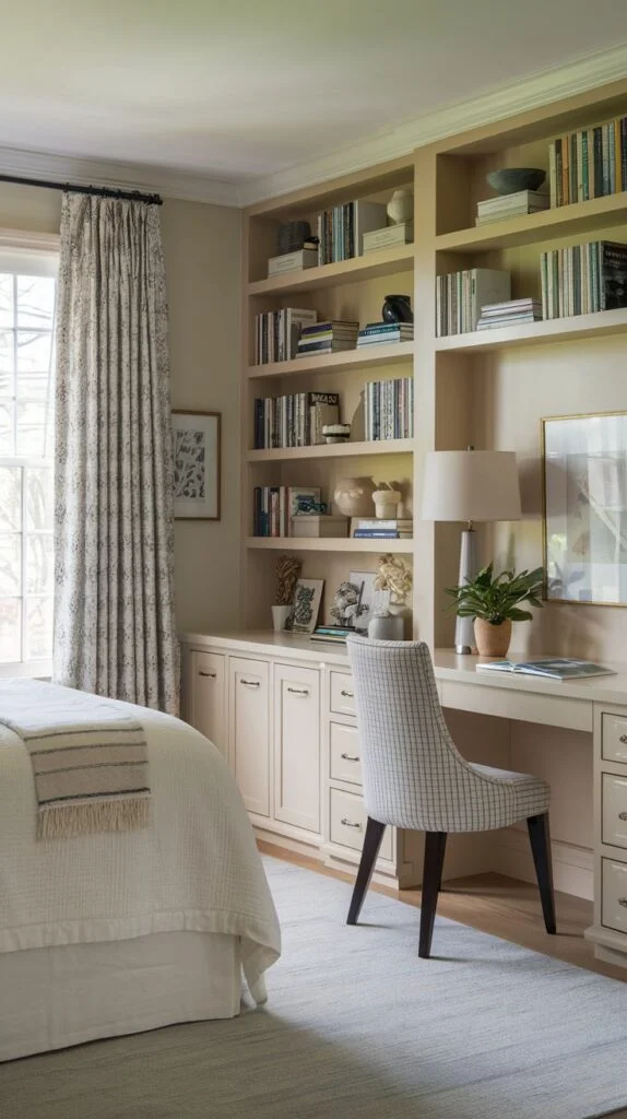 Guest bedroom with built-in desk and shelves