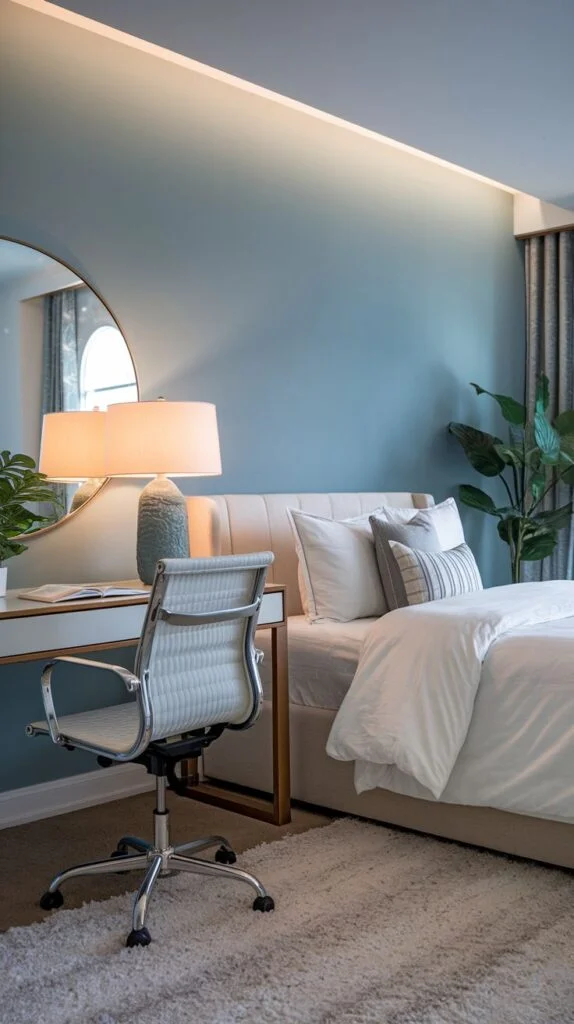 Modern guest bedroom with white desk and silver chair