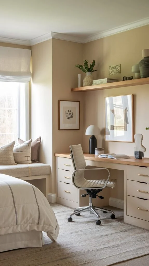 Guest bedroom with built-in desk and window seat