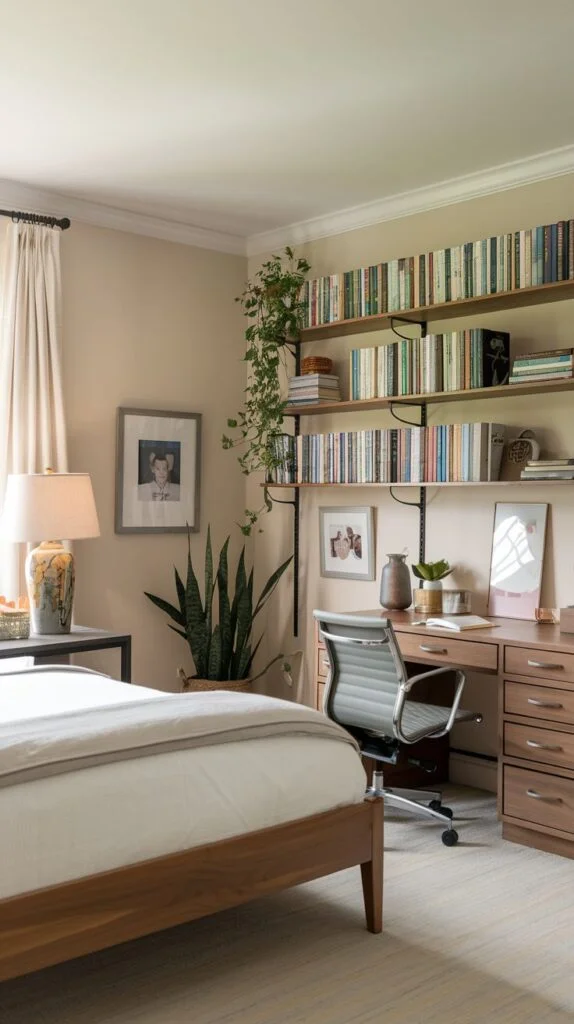 Guest bedroom with wooden desk and floating shelves