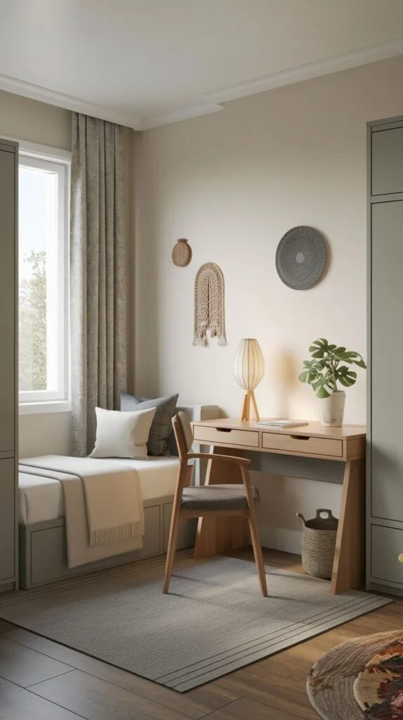 Guest bedroom with simple wooden desk and window seat