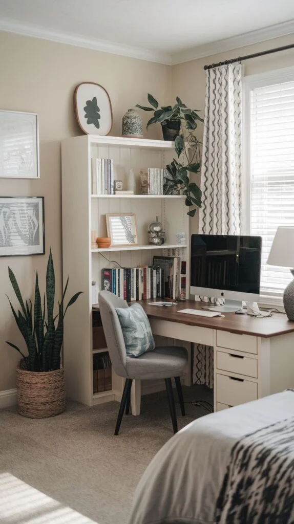 Guest bedroom with white desk and large monitor