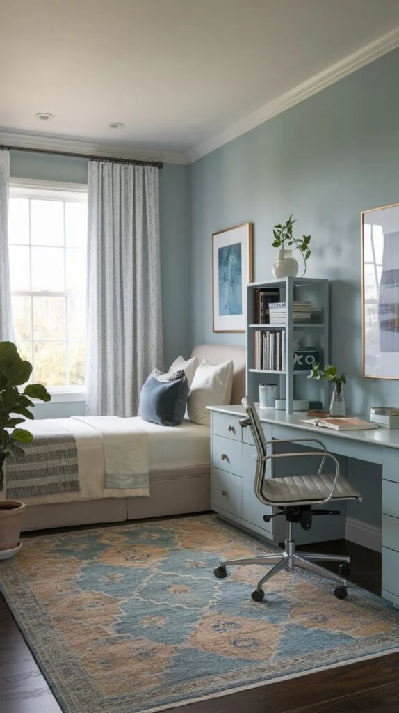 Guest bedroom with blue desk and patterned rug