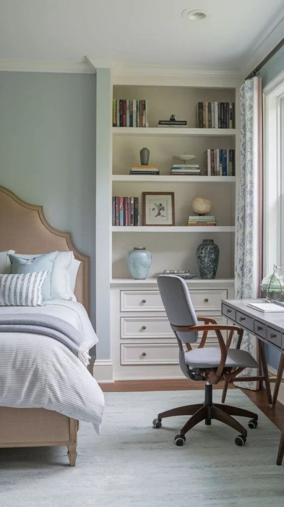 Guest bedroom with blue walls, dark wood desk, and white bookshelf