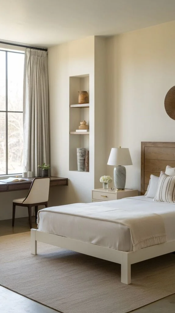 Minimalist guest bedroom with floating dark wood desk