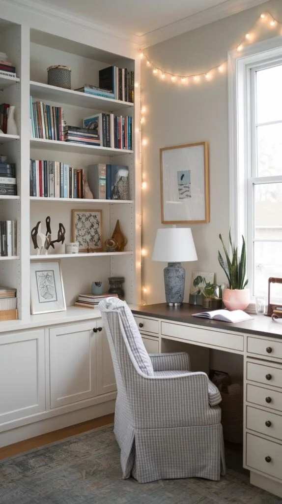 Guest bedroom with white built-in bookshelves and string lights