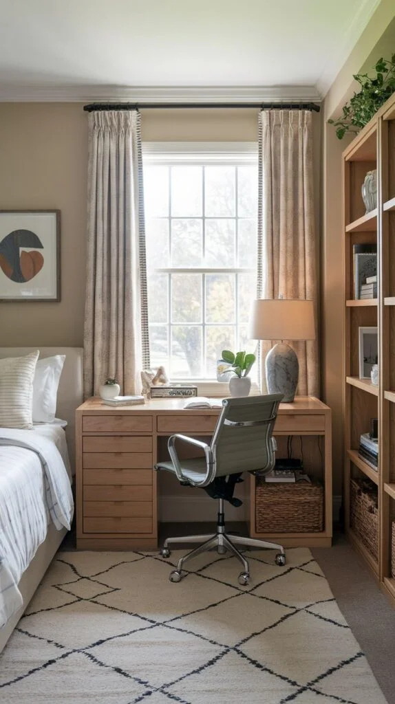 Guest bedroom with wooden desk, bookshelf, and patterned rug