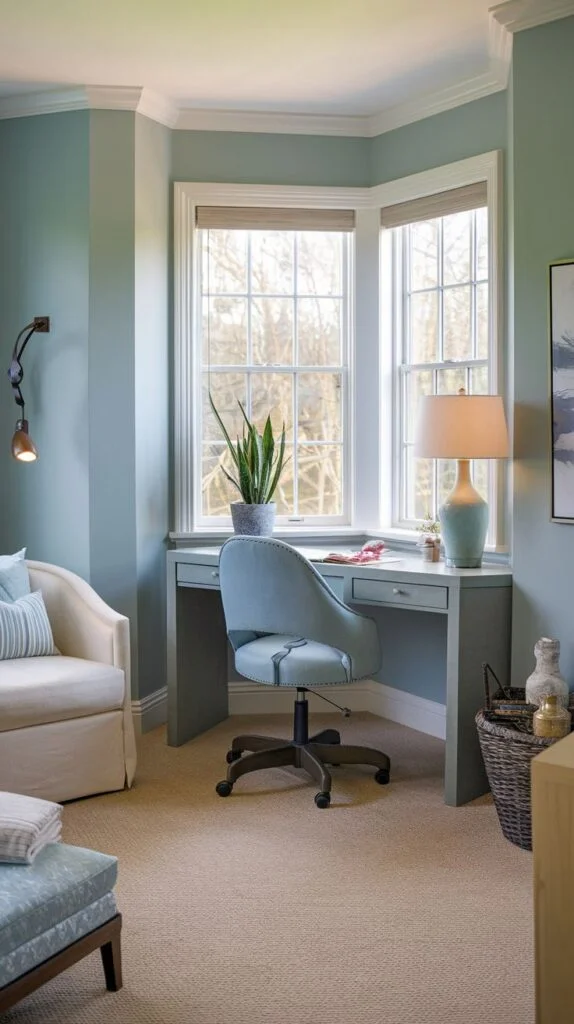 Guest bedroom with bay window and blue desk