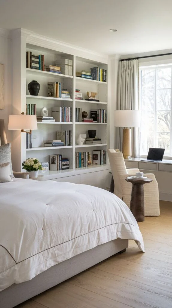 Guest bedroom with white built-in desk and bookshelves