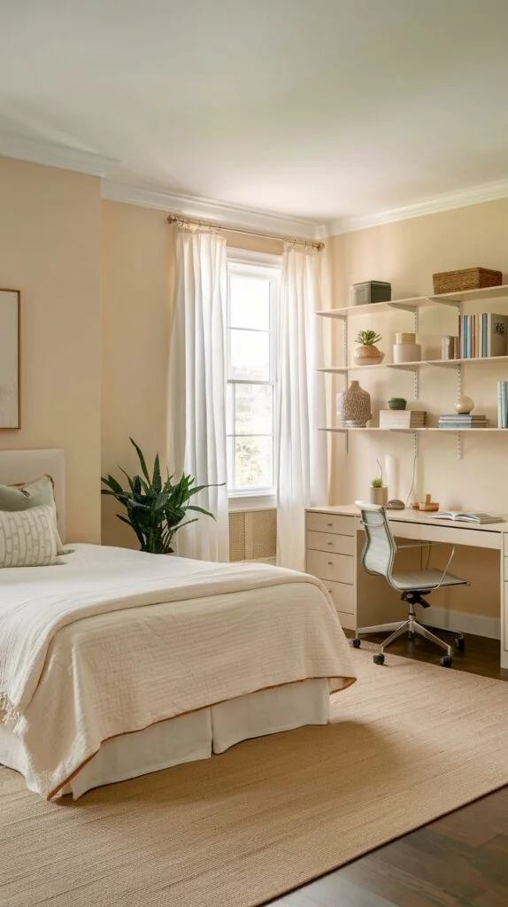 Guest bedroom with light wood desk and floating shelves