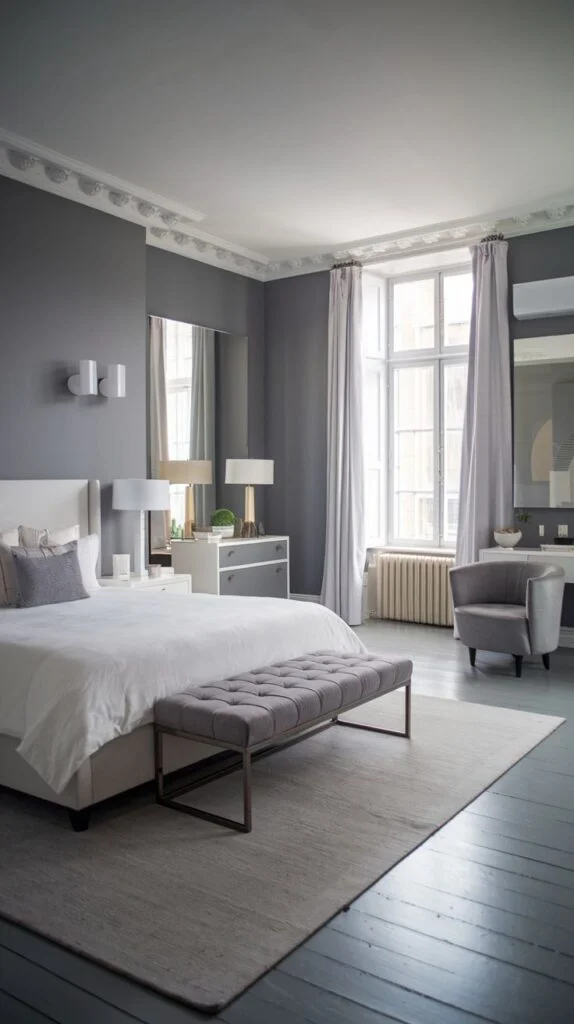 Contemporary bedroom with dark grey walls, white upholstered bed, and grey bench