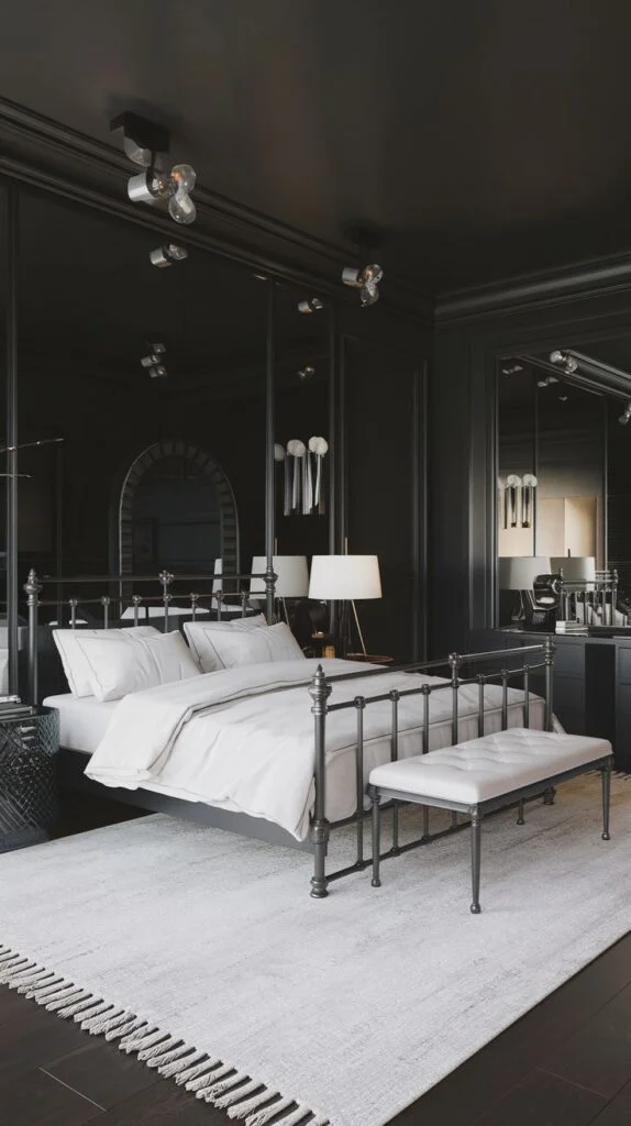 Dramatic bedroom with black walls, wrought iron bed, and mirrored accents