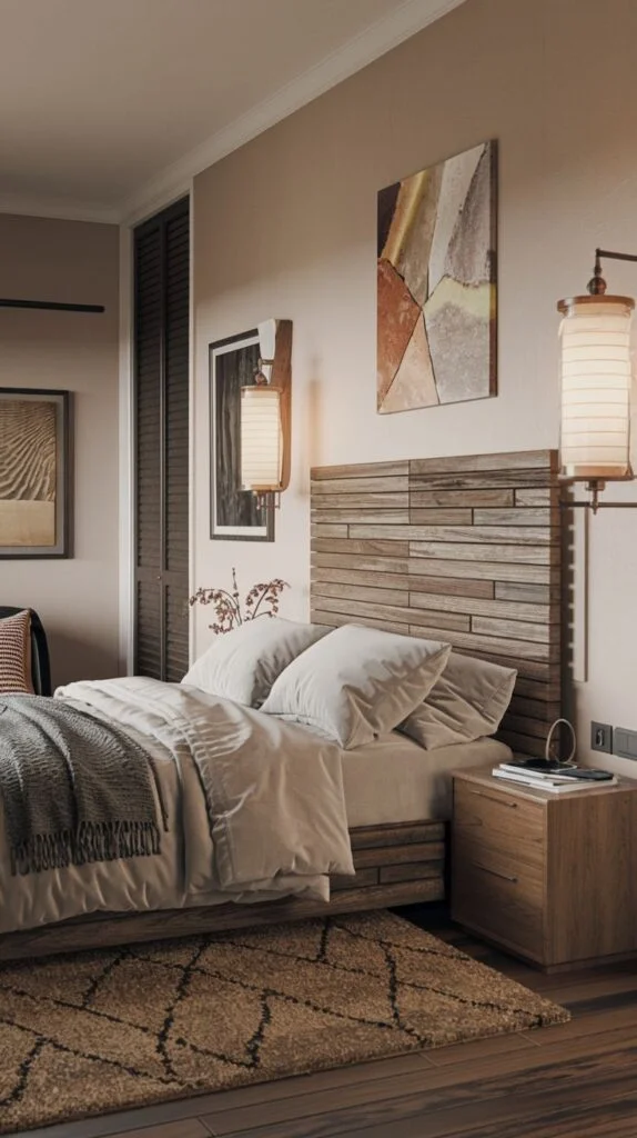 Bedroom featuring a wooden slatted headboard, matching nightstands, and lantern-style lamps