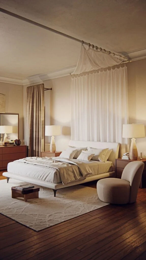 Elegant bedroom with cream upholstered bed and sheer white canopy