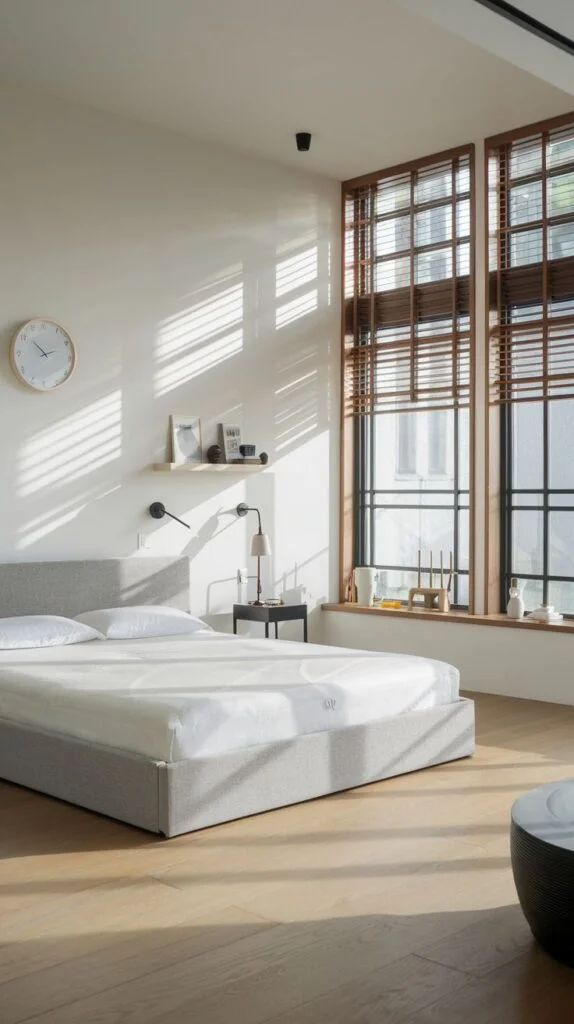Modern bedroom with grey upholstered bed and large windows with wooden blinds