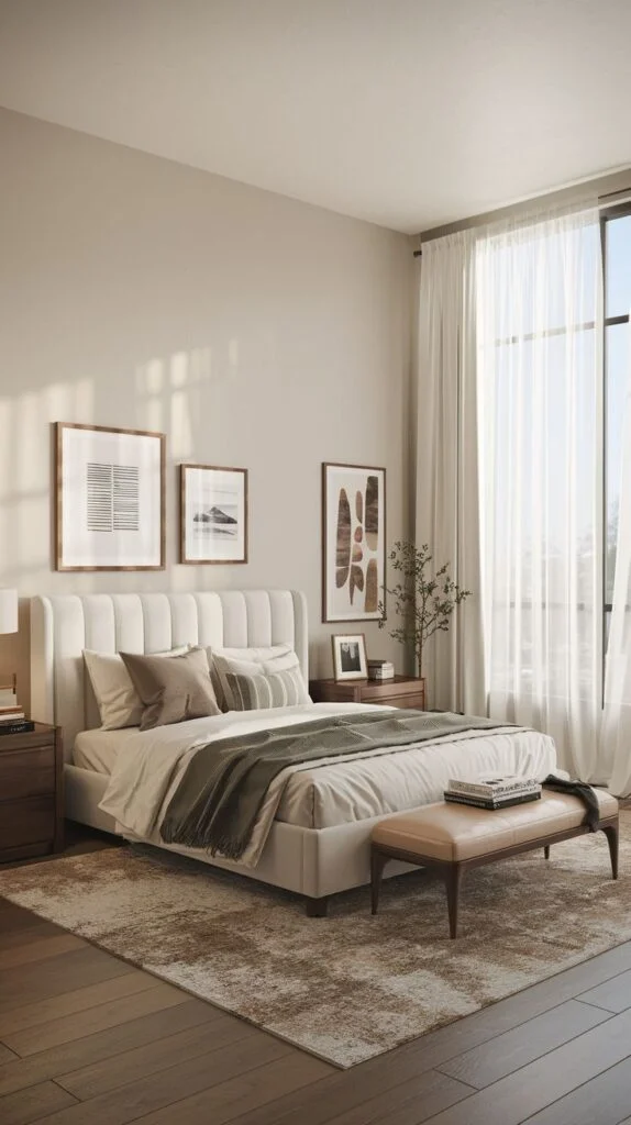 Bedroom with ribbed white upholstered headboard and dark wooden nightstands