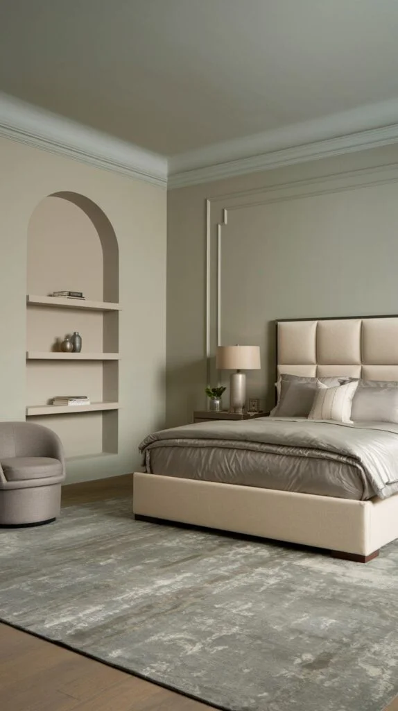 Sophisticated bedroom with beige upholstered bed and built-in arched shelving