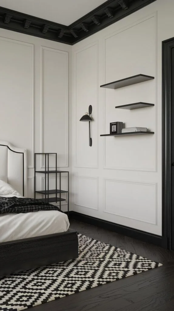 Bold black and white bedroom with geometric rug and decorative molding