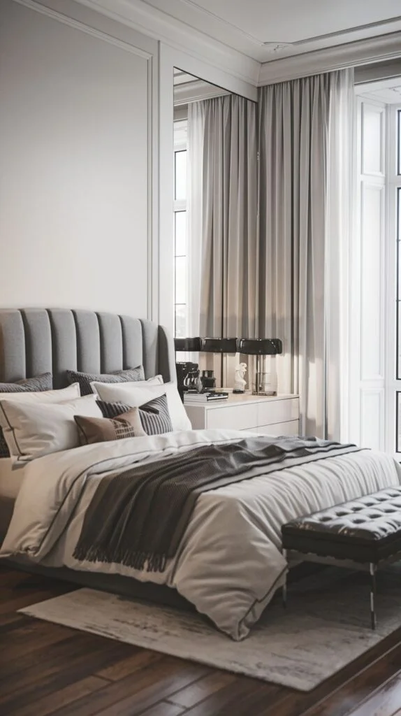 Elegant bedroom with grey padded headboard and light drapes