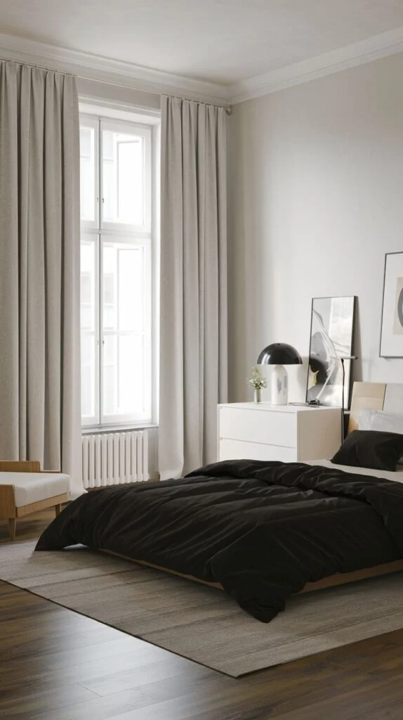 Minimalist bedroom with black bedding and white walls