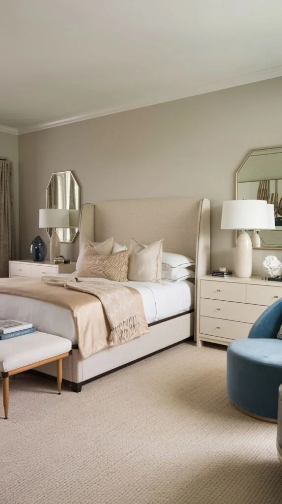 Bedroom with beige upholstered headboard, mirrored nightstands, and blue accents