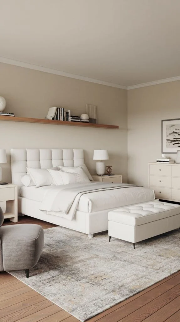 Warm bedroom with white tufted headboard and padded bench