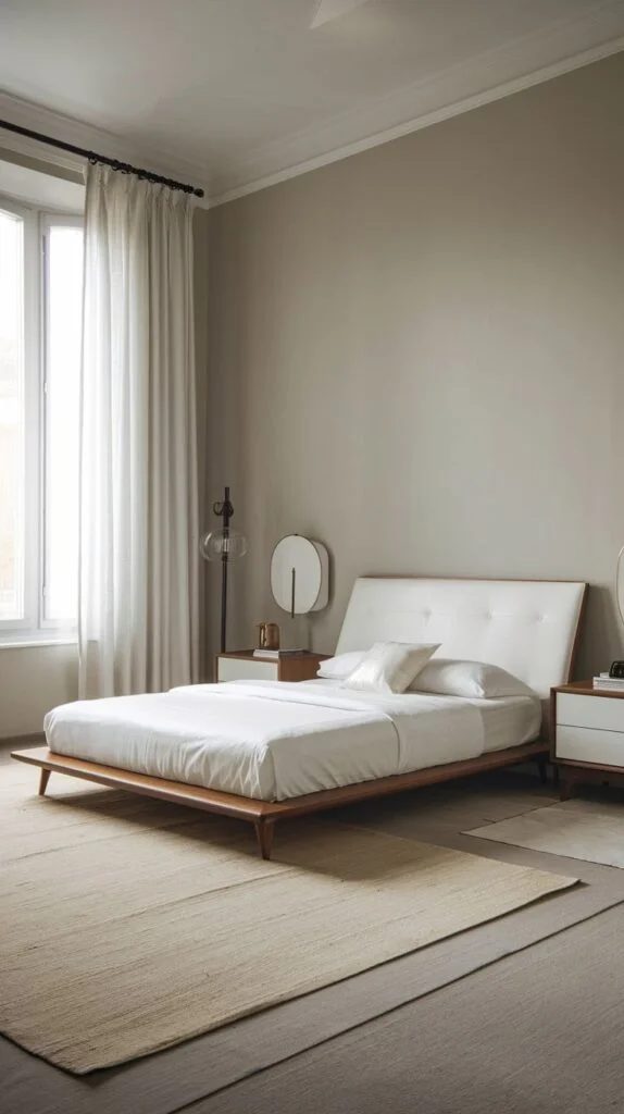 Scandinavian-inspired bedroom with wooden bed frame and light rug