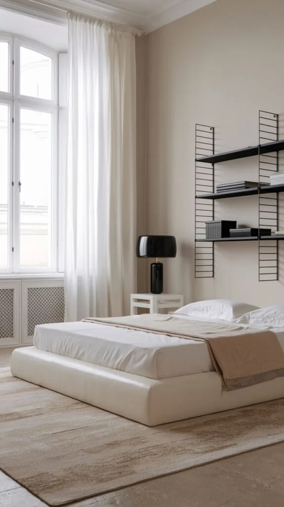Bedroom with low white platform bed and black industrial shelving