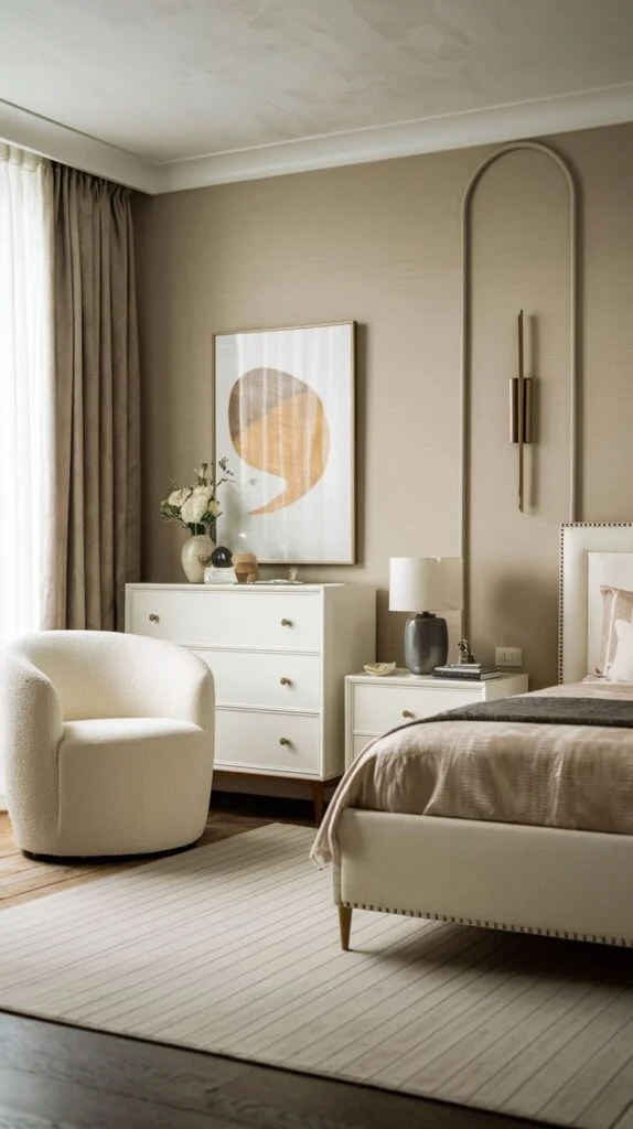Bedroom with white dresser, cream armchair, and gold-toned vertical wall lighting