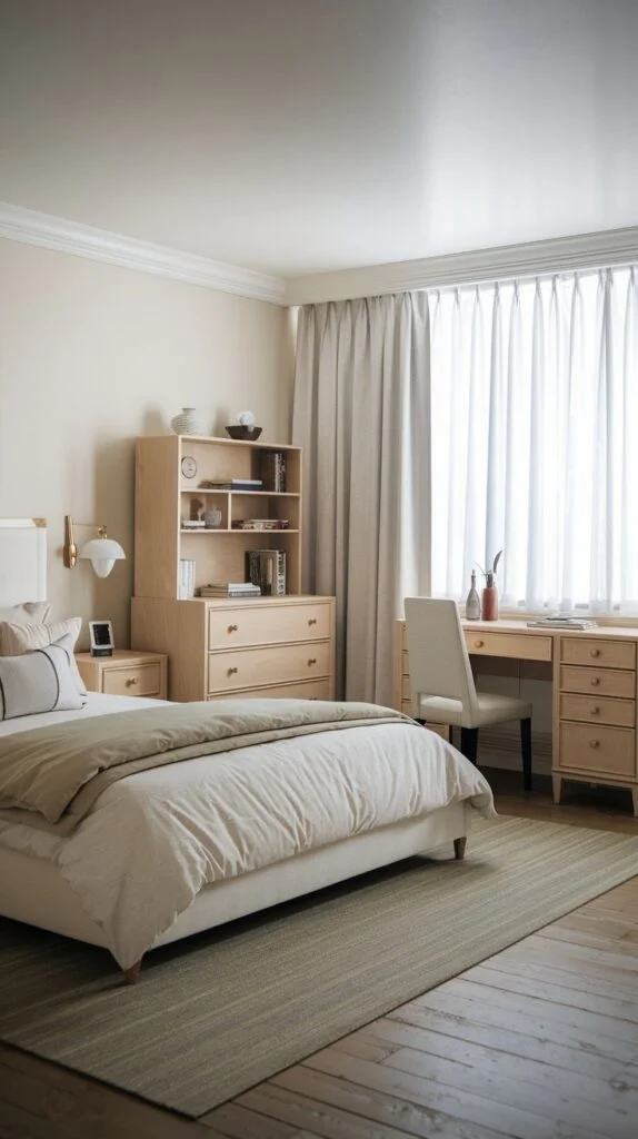 Bedroom with natural wood furniture, desk, dresser, and white upholstered bed