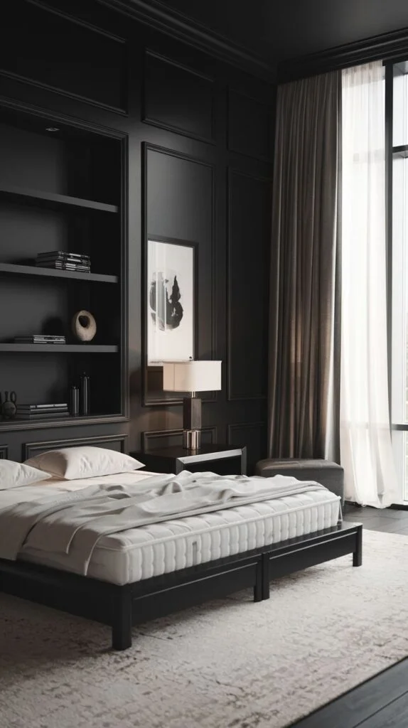Bedroom with black paneled walls, built-in bookshelves, and black bed frame