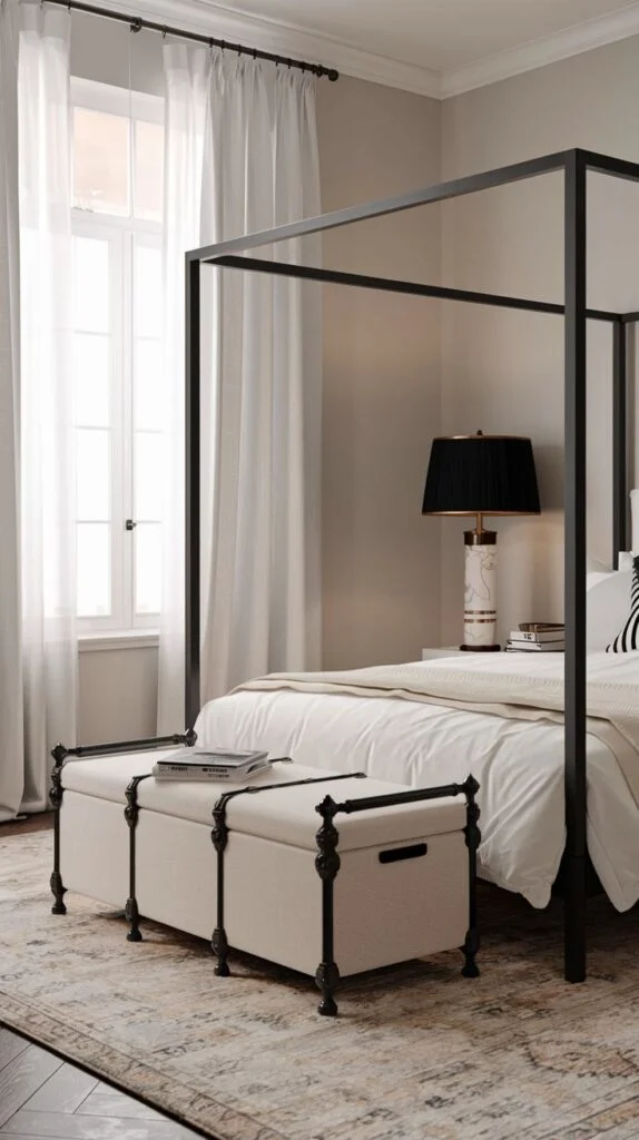 Black four-poster bed with white bedding and beige storage bench
