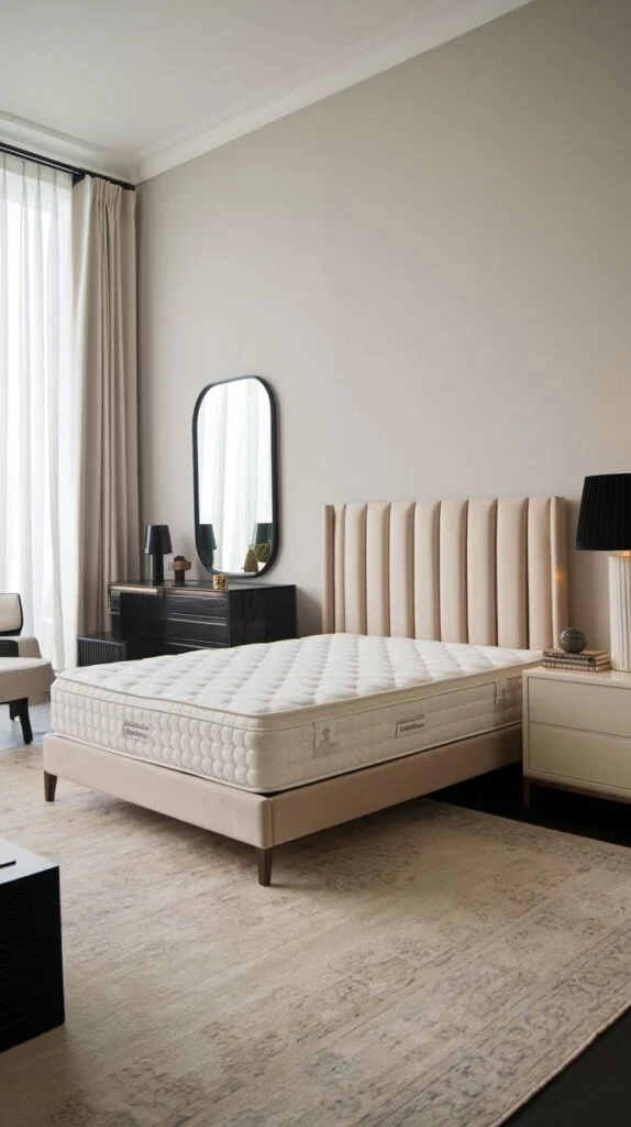 Bedroom with tall pink ribbed headboard and patterned rug