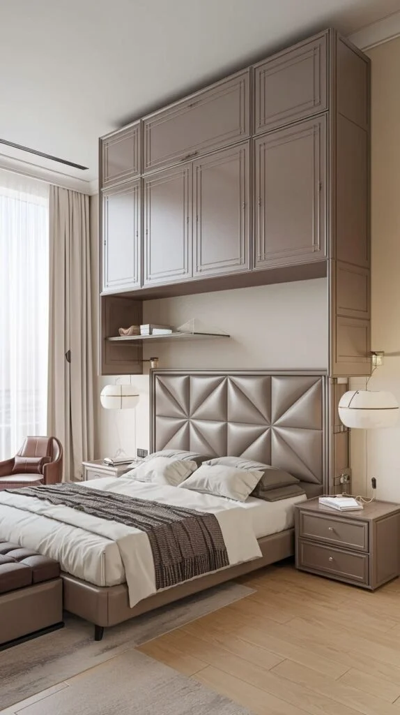 Bedroom with quilted headboard and built-in overhead cabinets