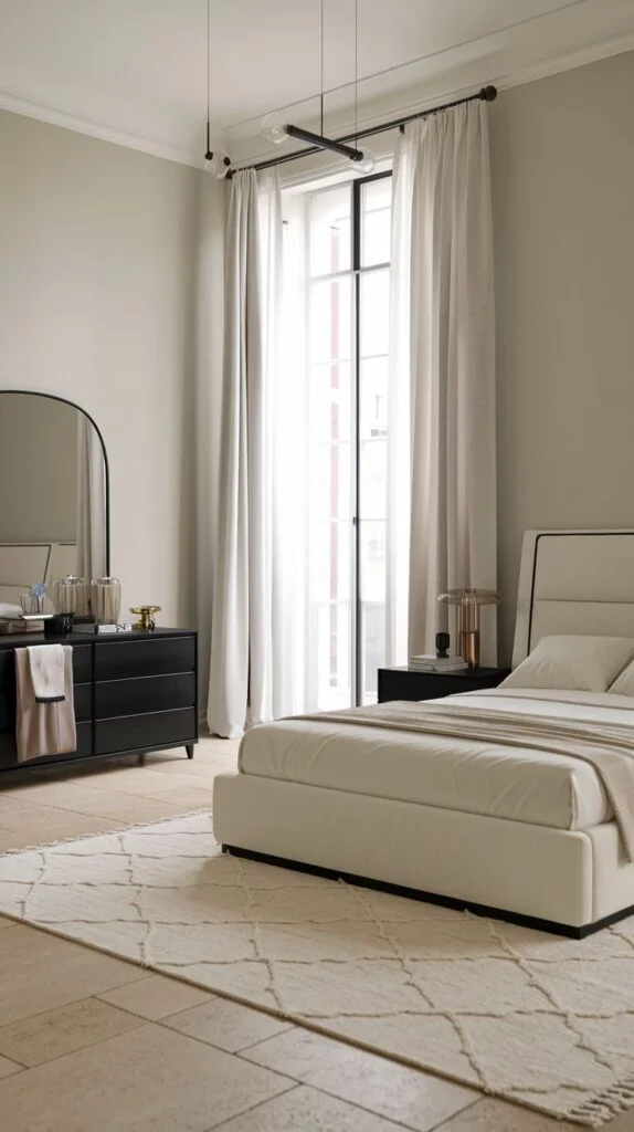 Minimalist bedroom with cream bed frame, black dresser, and geometric rug