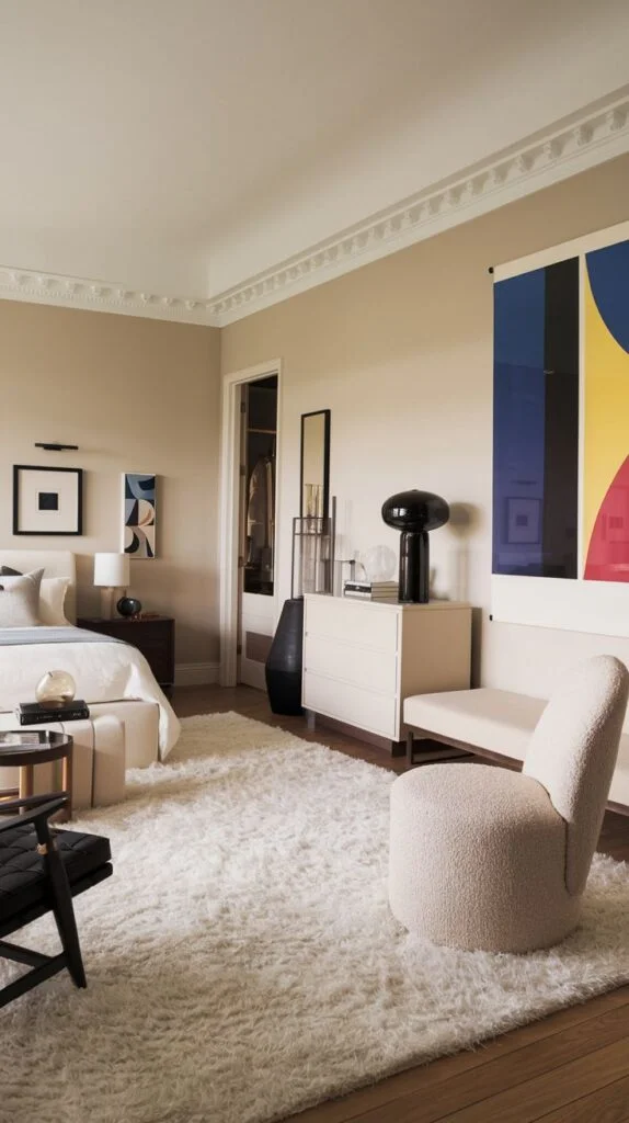 Bedroom with large colorful abstract painting and plush white rug