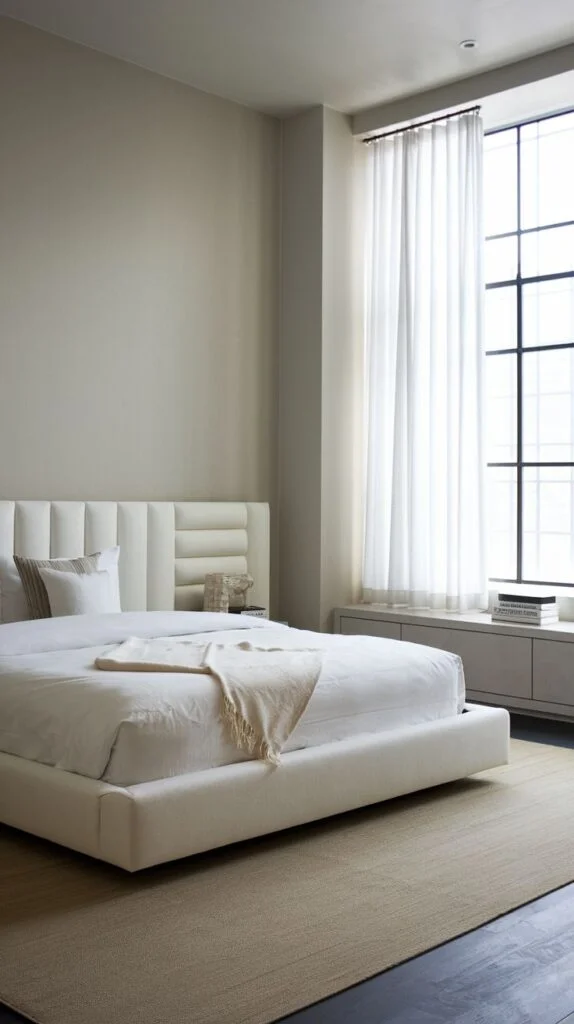 Minimalist bedroom with white upholstered bed and large floor-to-ceiling windows