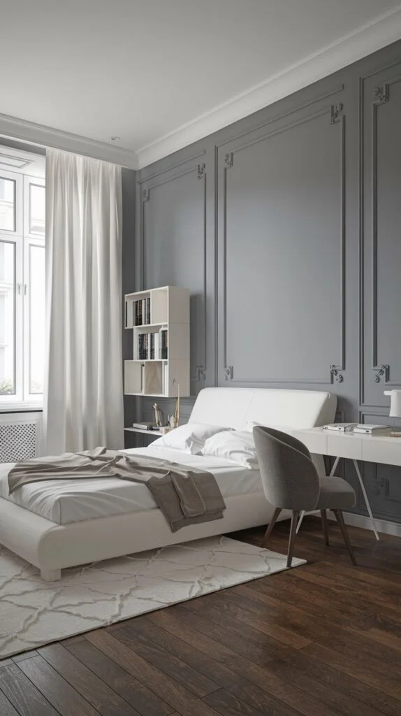 Bedroom with grey paneled walls, white upholstered bed, and white desk