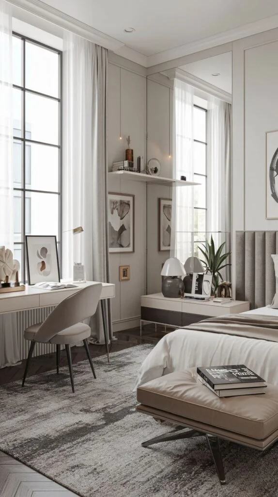Bedroom with desk area, grey upholstered bed, and mirrored wall panel