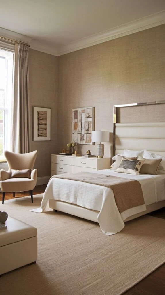 Bedroom with textured beige wallpaper and metal-accented headboard