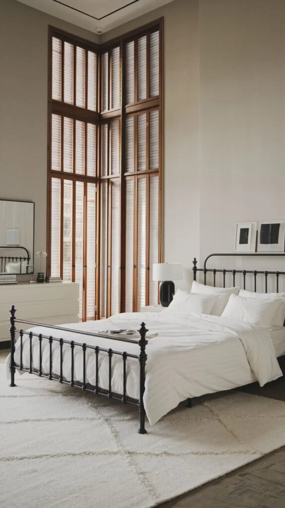 Bedroom with black wrought iron bed frame and tall windows with wooden blinds