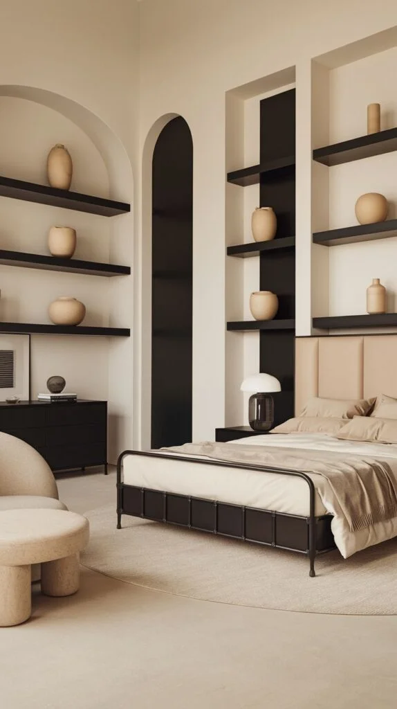 Bedroom with black metal bed frame, arched wall niches, and black shelving