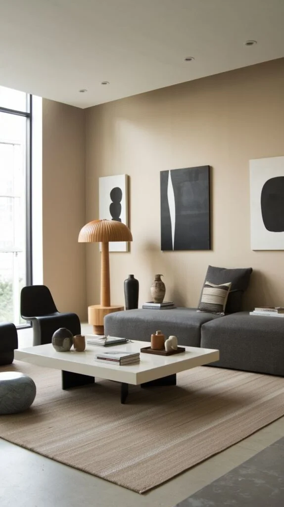 A modern living room with a large rectangular light-colored coffee table and a dark grey sectional sofa, creating a gentle and sophisticated atmosphere, complemented by a patterned rug that adds a natural touch.