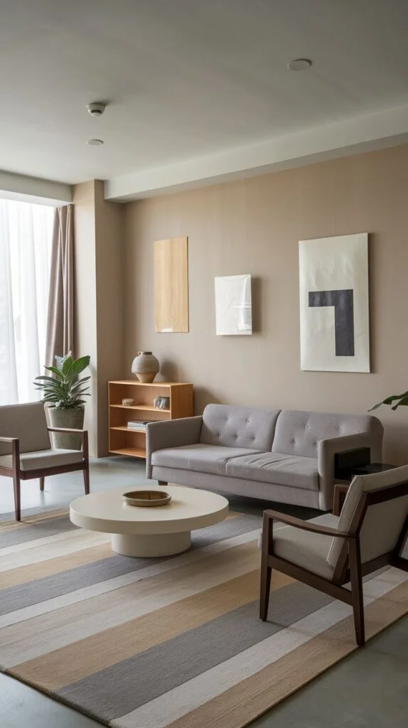 A calm and gentle living room featuring a light grey sofa, a round white coffee table, and two wooden armchairs with light upholstery, all set on a striped rug that enhances the natural aesthetic of the space.