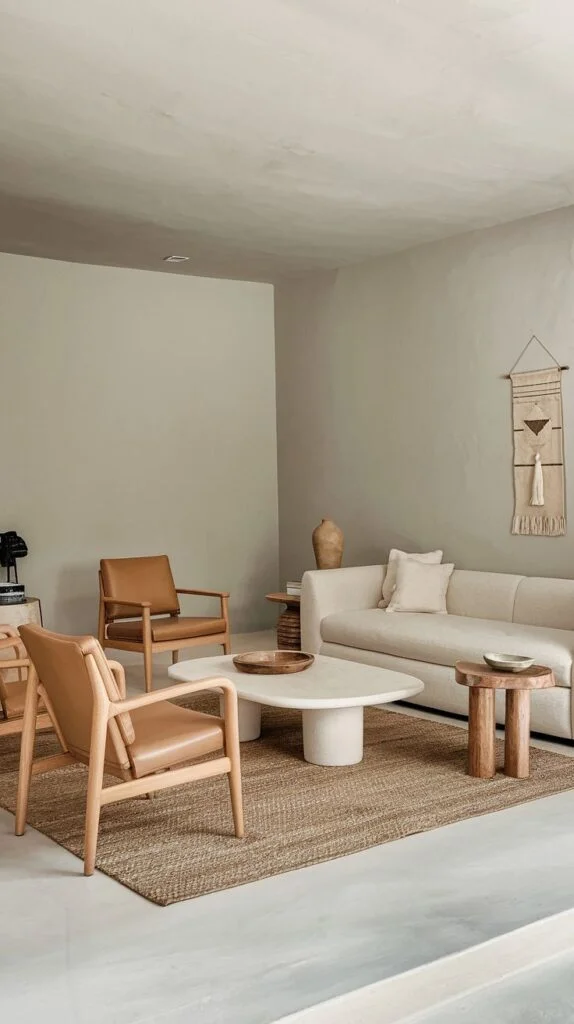 A bright living room showcasing a gentle cream-colored sofa, an oval white coffee table, and two natural wooden armchairs with light brown leather upholstery, all grounded by a textured woven rug.