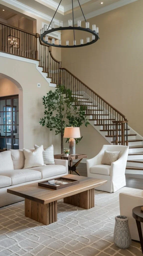 A grand living room with a high ceiling and a curving staircase, featuring a cream sofa and armchair around a substantial wooden coffee table, exuding a gentle and natural elegance with its light palette and timber accents.