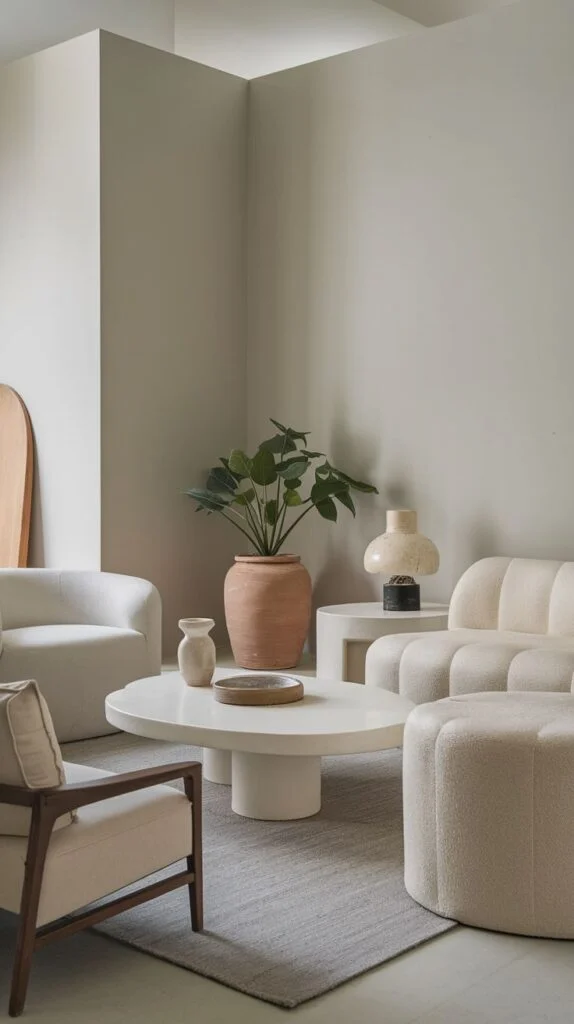 A serene living area with a large white round coffee table, surrounded by cream-colored upholstered seating, including a curved sofa and a plush ottoman, with a large potted plant adding a vibrant natural element and a gentle overall feel.