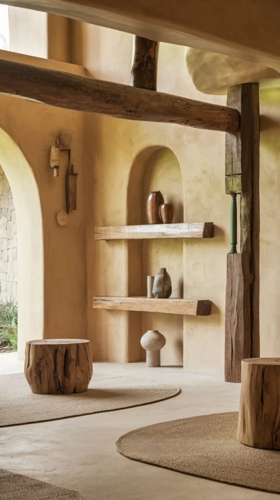 An interior space defined by exposed wooden beams and arched wall niches, displaying decorative vases on natural wooden shelves, with two rustic wooden stump tables and woven rugs contributing to a gentle, organic design.