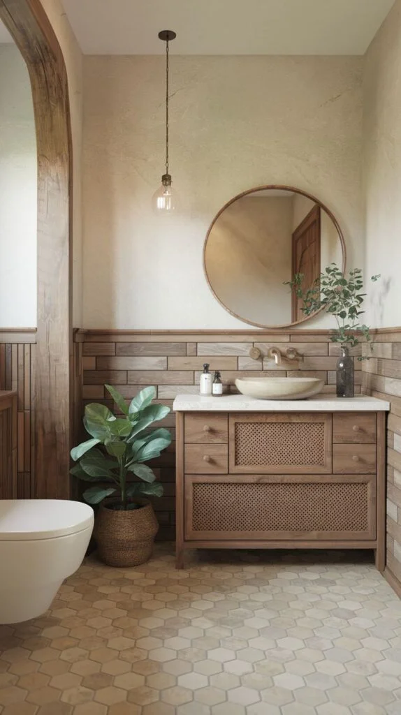 A bathroom with a natural wooden vanity featuring a cane front and a stone basin sink, complemented by a round mirror, hanging pendant light, and a potted plant, creating a gentle and inviting ambiance.